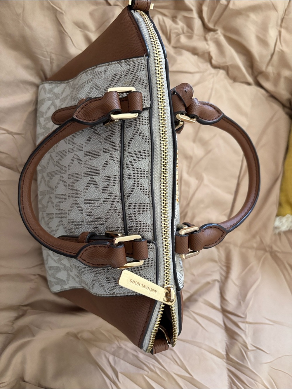Michael Kors Vanilla & Brown Logo Satchel with Gold Hardware - Picture 3 of 5